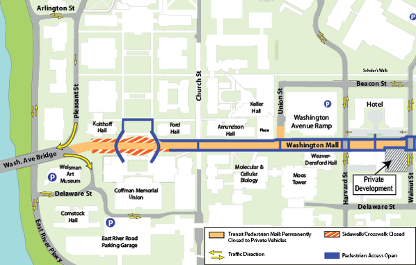 Map of construction on Washington Avenue from Mississippi River to Walnut Street