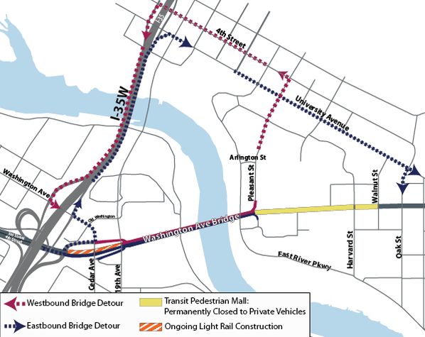 Map of construction and detour of Washington Avenue Bridge closure