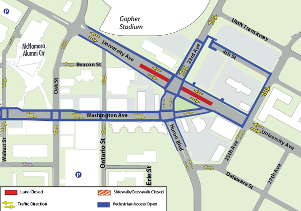 Map of construction in Stadium Village from Walnut Street to University of Minnesota Transitway