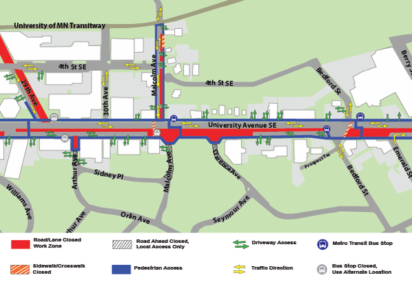 Map of construction on University Avenue from 29th Avenue to Bedford Street