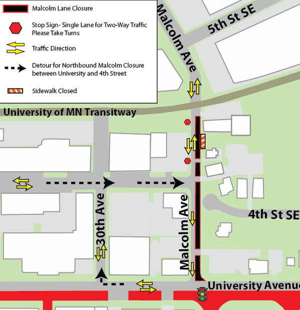 Map of construction on Malcolm Avenue from University Avenue to Transitway