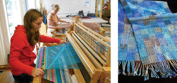 Photo of Students in a “Try It” class learn to weave a rug.  