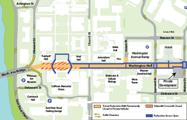 Map of construction on Washington Avenue from Mississippi River to Walnut Street
