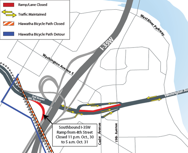Map of construction near I-35W and Washington Avenue Interchange