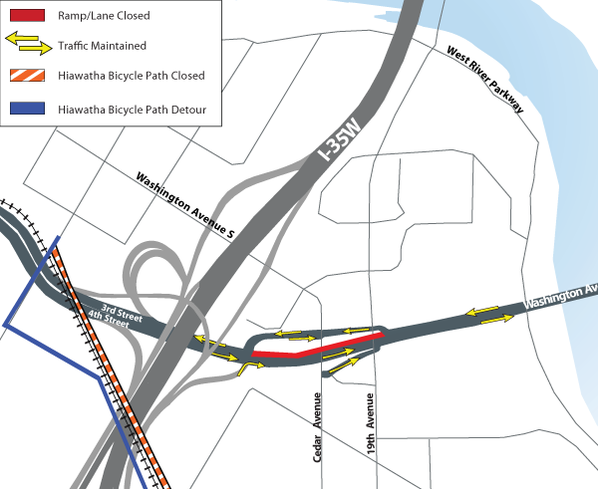 Map of construction near I-35W and Washington Avenue Interchange Area