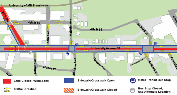 Map of construction on University Avenue from 29th Avenue to Emerald Street