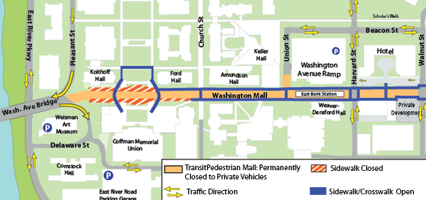 Map of construction on Washington Avenue from Mississippi River to Walnut Street