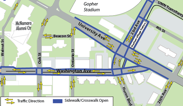 Map of construction on Washington Avenue from Walnut Street to University Avenue