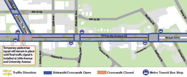 Map of construction on University Avenue from 29 Avenue to Emerald Street