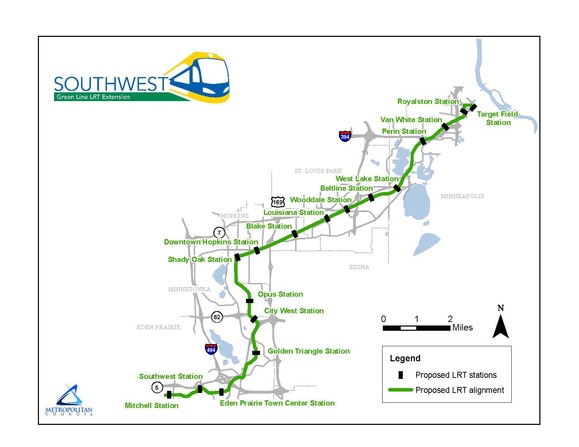 Southwest LRT alignment as approved by the Metropolitan Council on April 9, 2014.