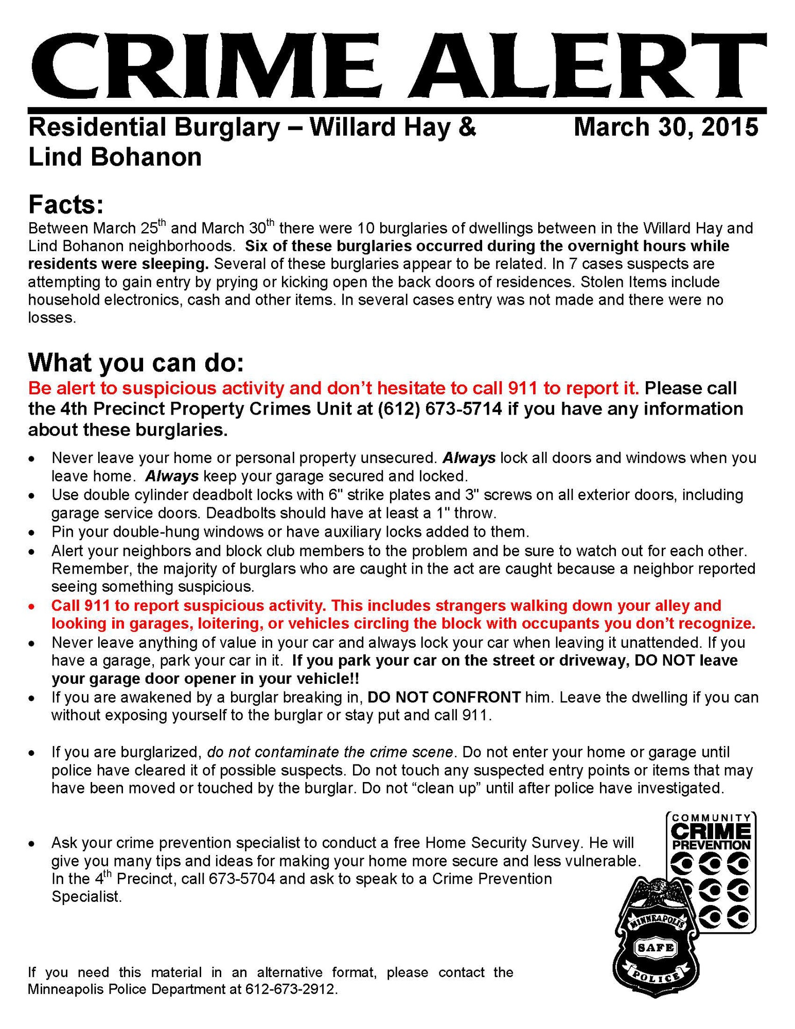 Minneapolis Police Precinct 4 (Sector 3) Update CRIME ALERT BURGLARY