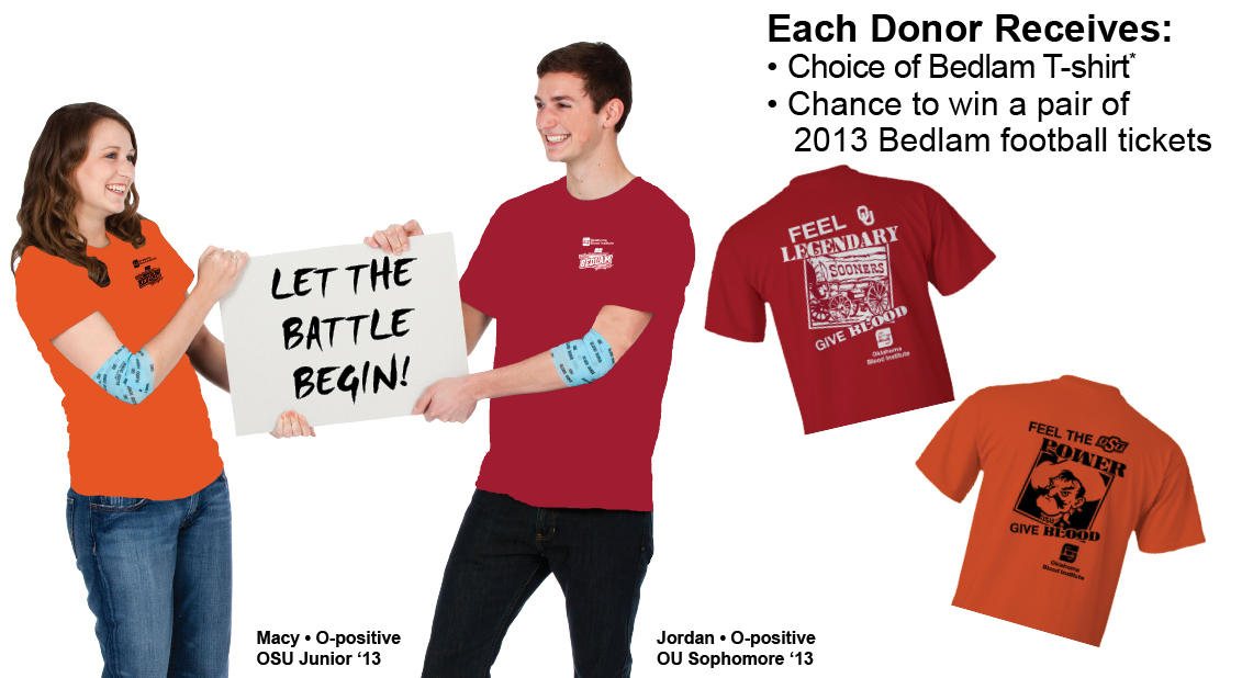 Let the Battle Begin Each donor received: choice of Bedlam T-shirt; chance to win pair of 2013 Bedlam football tickets