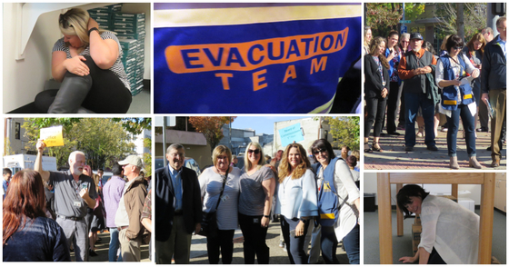 Photo collage of earthquake evacuation drill