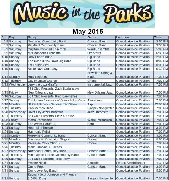 Music in the Parks May Schedule
