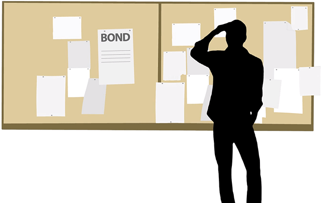 Graphic of a man researching bond propositions at a bulletin board.