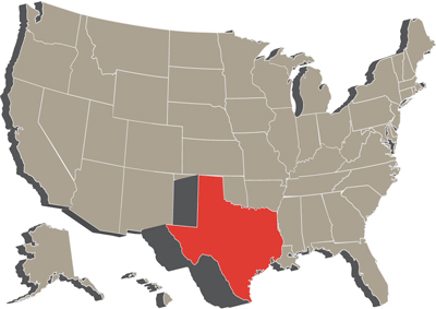 Image of the United States with Texas highlighted in red