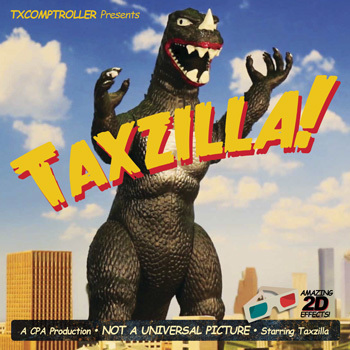 Poster showing a monster, Taxzilla, terrorizing a city