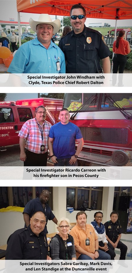 SI John Windham and Police Chief Robert Dalton, SI Ricardo Carreon with his firefighter son, SIs Sabra Garibay, Mark Davis, and Len Standige 