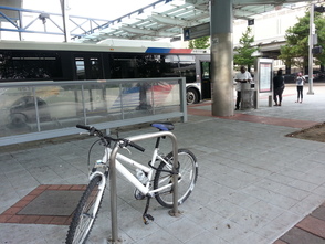 A bike waits for its owner to return at the Downtown Transit Center