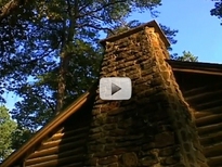 looking up, cabin wall, old stone chimney