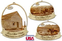 3 ornaments old cabin, bison and West Texas scene