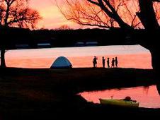 kids, tent at lakeside, sunset