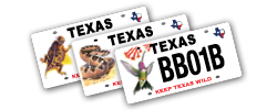 Conservation License Plates benefiting Texas wildlife - horned lizard, hummingbird and rattlesnake