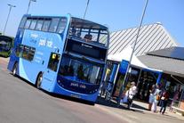 blue double decker bus at trumpington park and ride