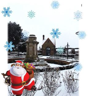 Bushey Rose Garden in the snow with cartoon santa and snowflakes