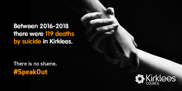 Two hands holding in the darkness. "There is no shame, speak out".