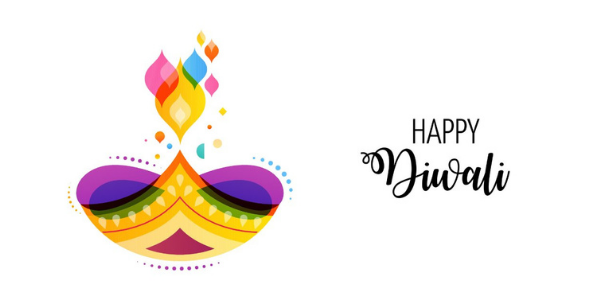 Happy Diwali text with colourful lantern artwork