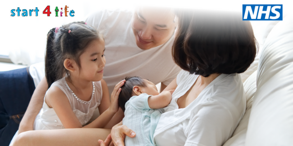 Young child and father sat with mum and new baby - Start 4 life