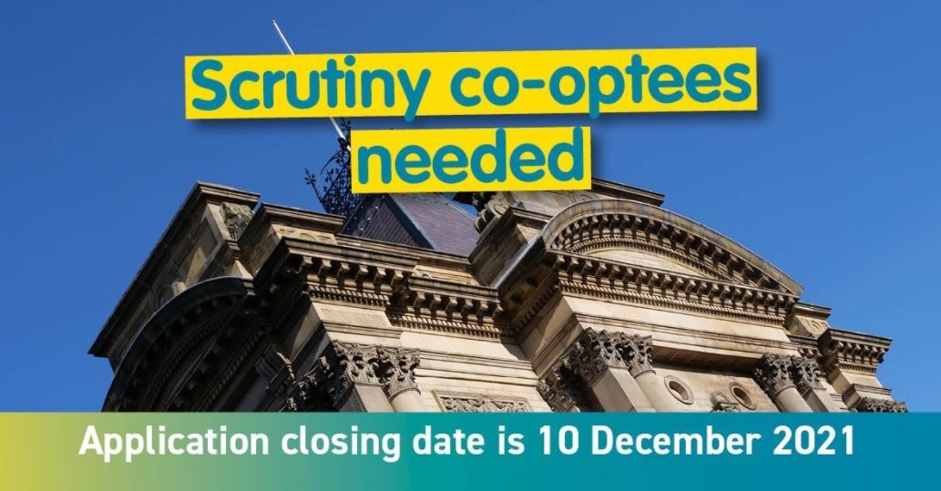 The text Scrutiny co-optees needed, closing date 10th December 2021 is displayed