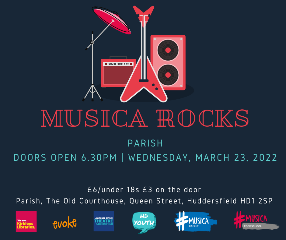 Image of Musica poster for Musica Rocks showing guitar and speaker