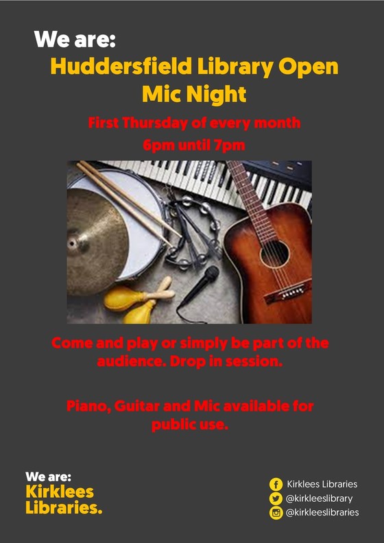 Poster advertising Huddersfield Library Open Mic Night
