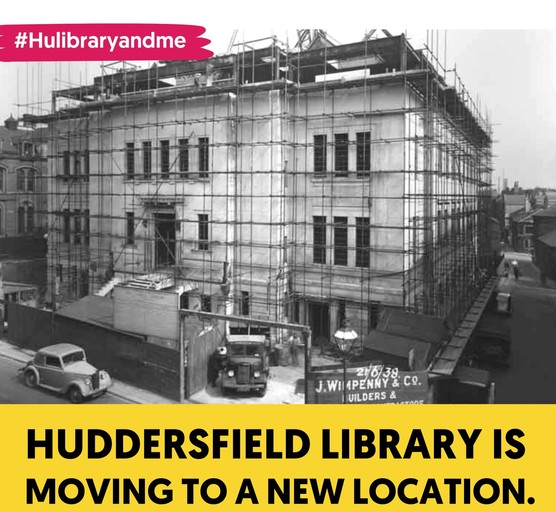 Black and white image of Huddersfield Library under construction