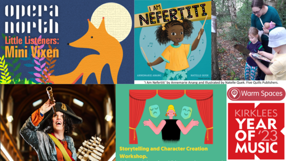 Half term activities - female pirate, Opera North Mini Vixen logo, cover of book I am Nefertiti