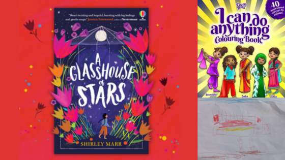 Image of covers of A Glasshouse of Stars, I Can Do Anything Colouring Book and Muhammad's drawing