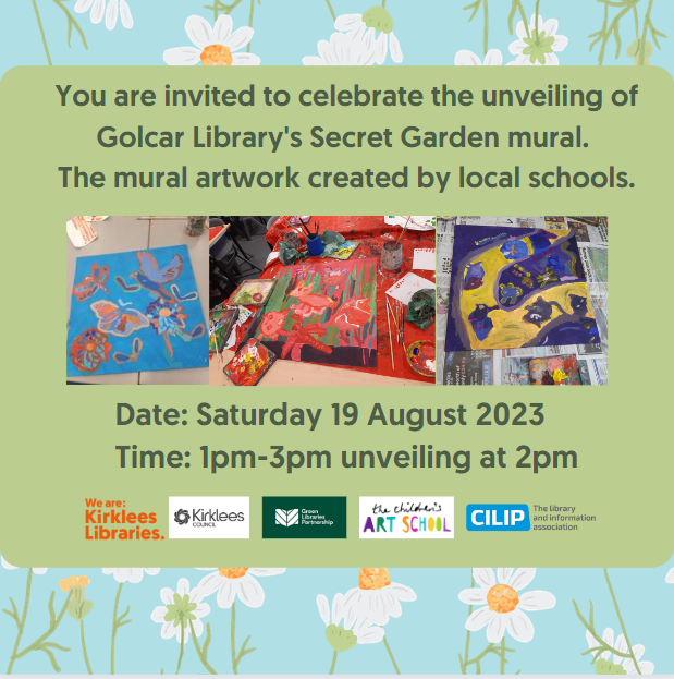 Invitation to Golcar Library garden event showing artwork made by local children