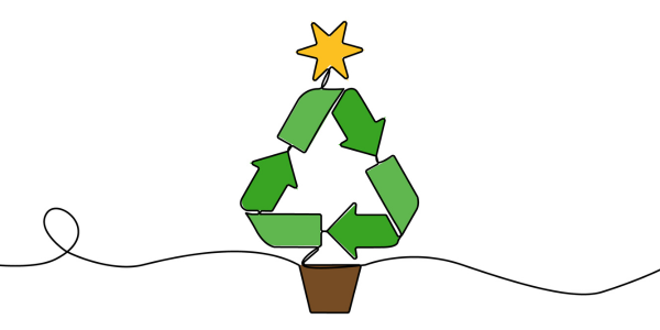 christmas tree made out of a recycling logo with a yellow star on top on a white background