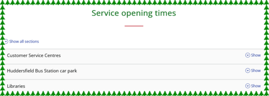 Screenshot of page showing opening times for Kirklees Libraries