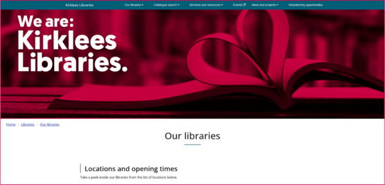 Screenshot of Libraries' locations and opening times webpage
