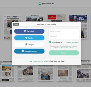 Screenshot of the Pressreader sign in page