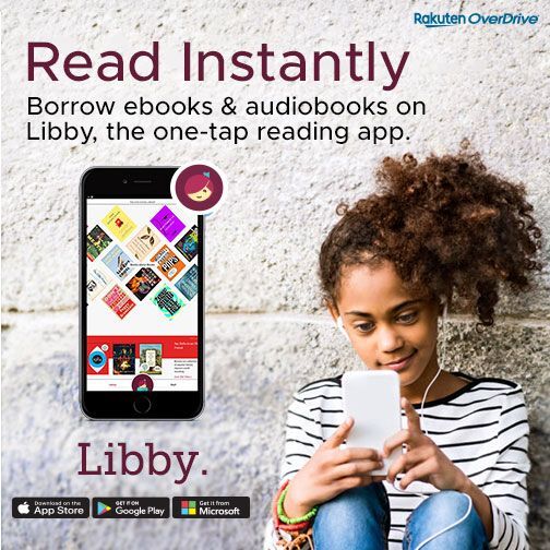 Image of girl with headphones listening to audiobook on phone with children's book selections shown on enlarged phone screen 
