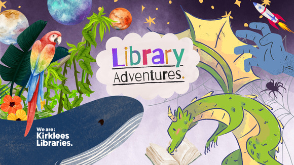 Library Adventures logo, image with whale, dragon, zombie and parrot