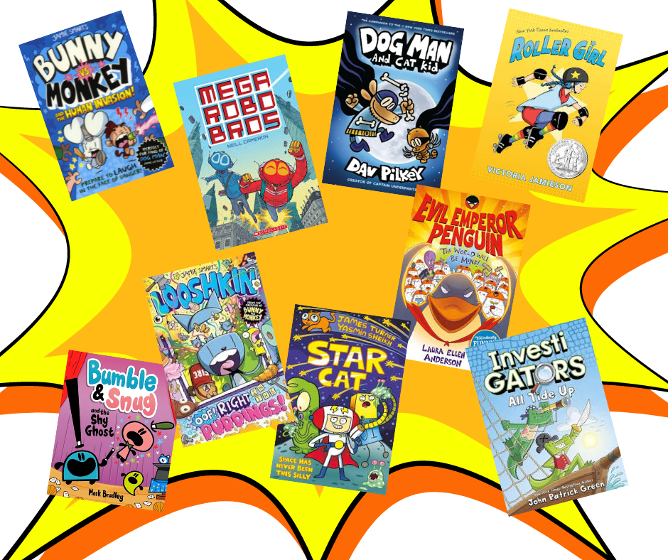 9 popular graphic novel book covers on a comic style explosion background