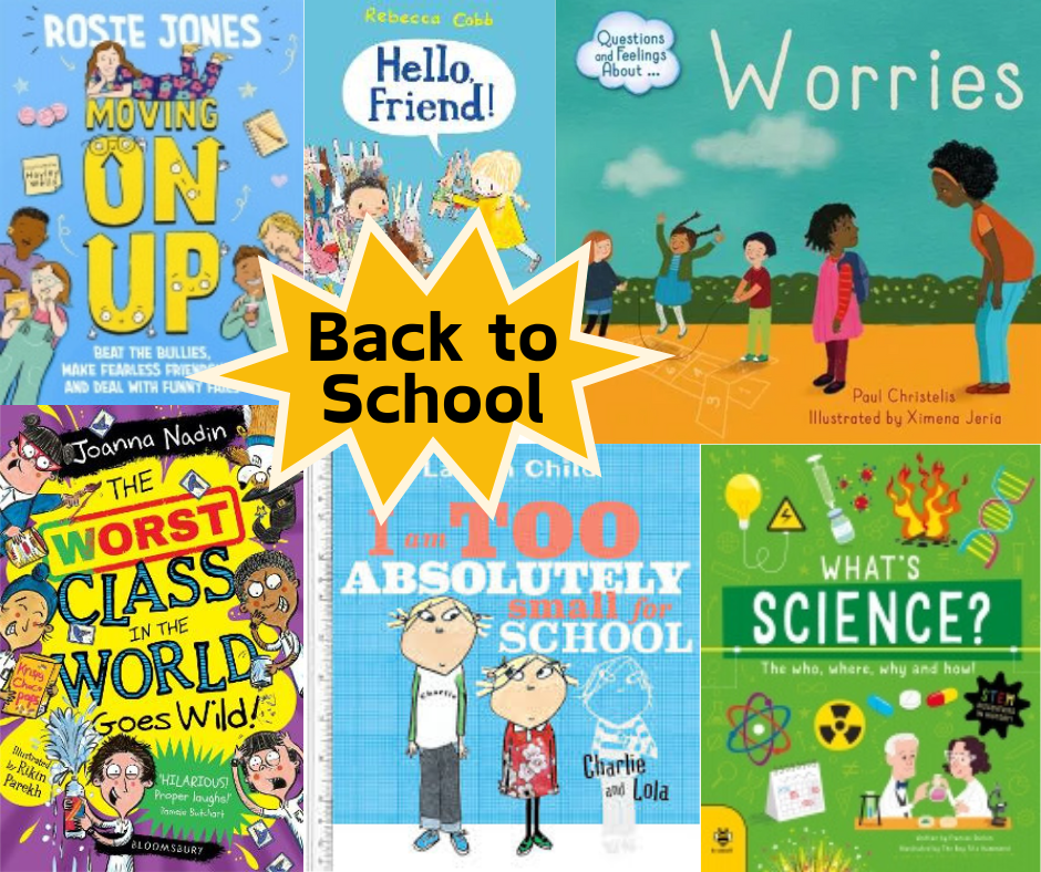 Image of book covers mentioned in the article with text saying back to school