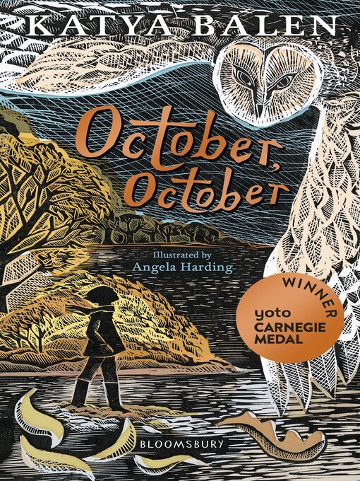 FRont cover of October October, showing a barn owl swooping over and autumnal forest at night and a child paddling in water
