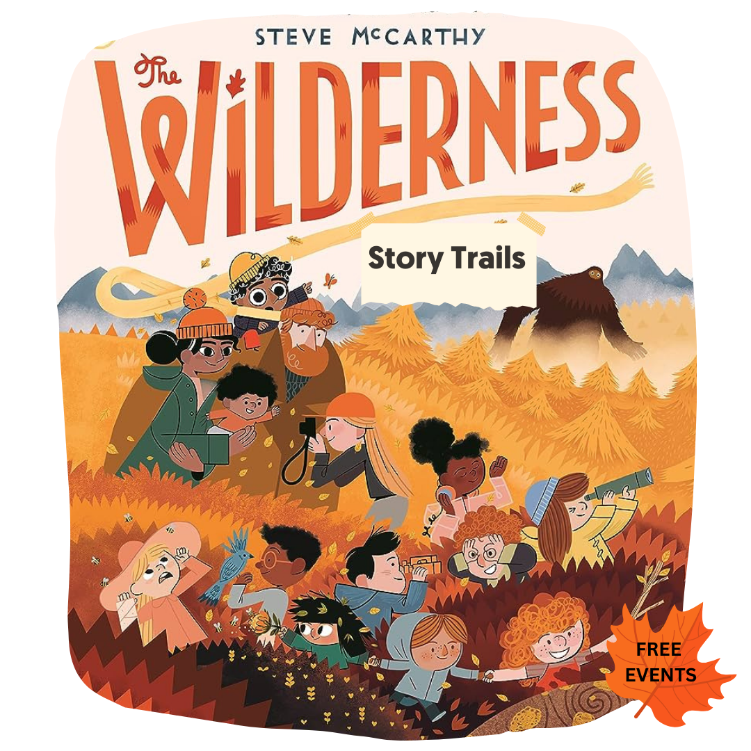 Book cover for The Wilderness, with autumnal leaves, man & children walking through yellow field with Bigfoot in background by the mountains