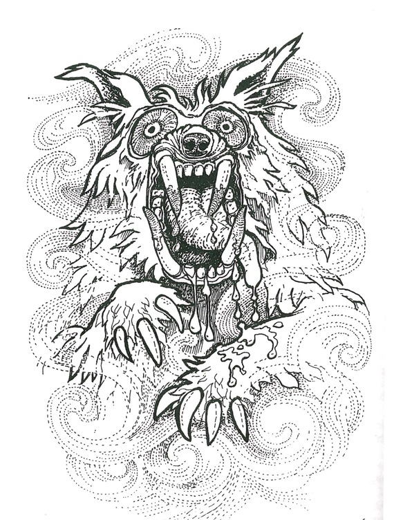 Black & white line drawing of a Barguest, a mythical Yorkshire dog or pig like creature displaying teeth and claws, a bad omen 